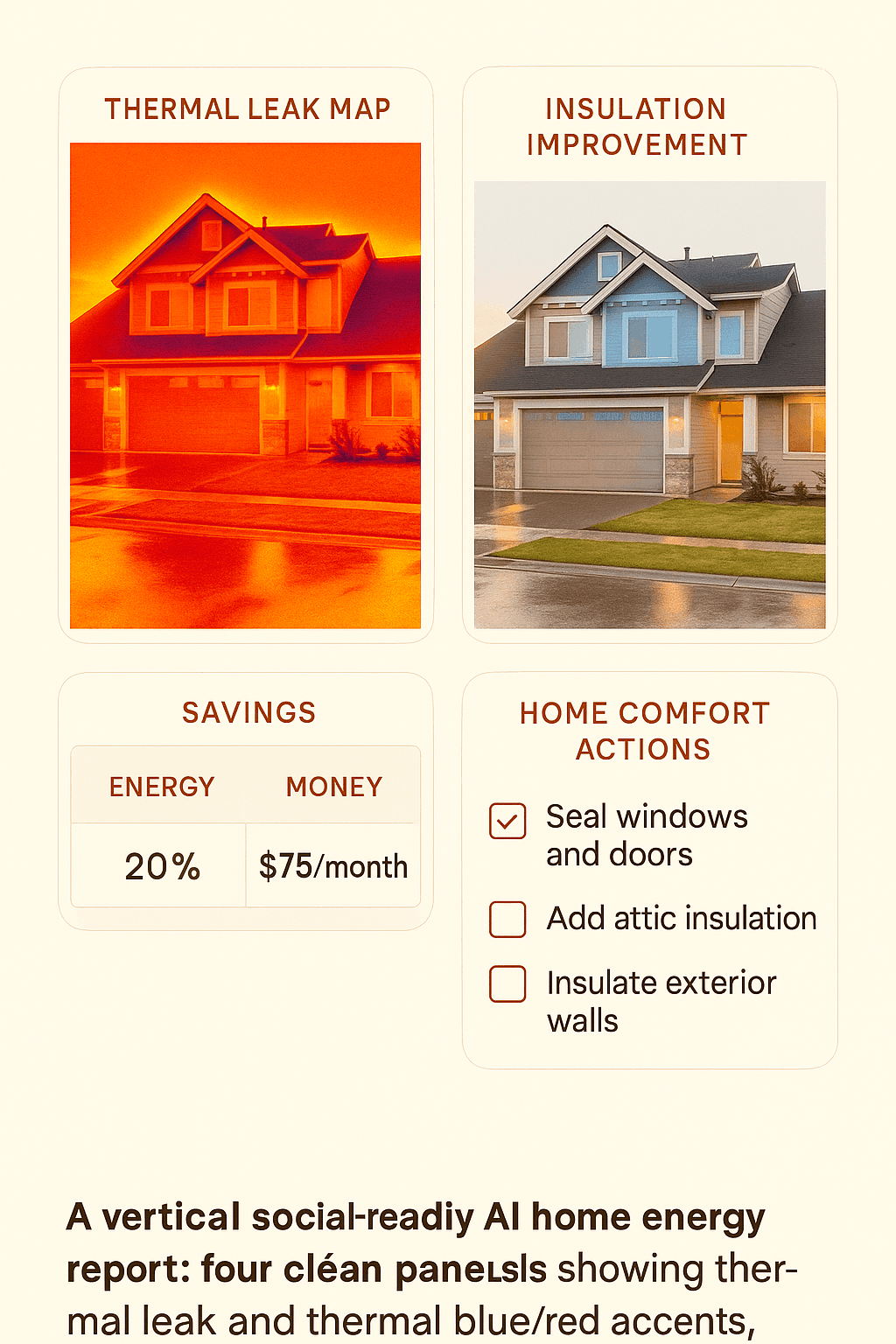 AI report stack with heat map, proposal, savings table, and priority list