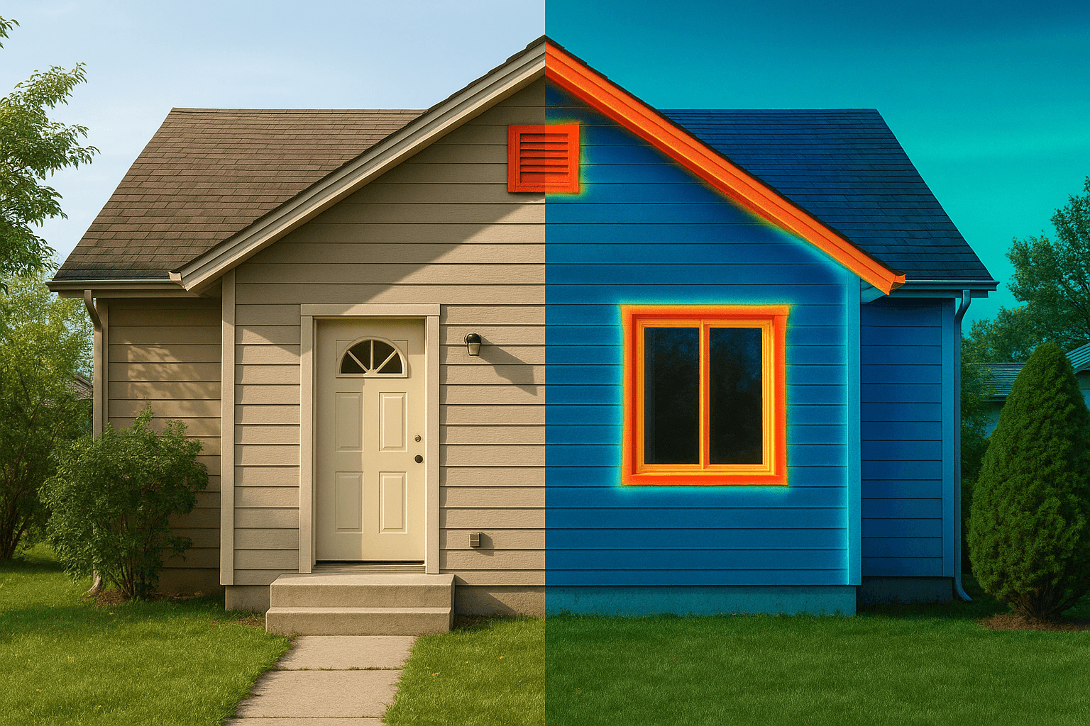 Home exterior with AI thermal heat-leak overlay